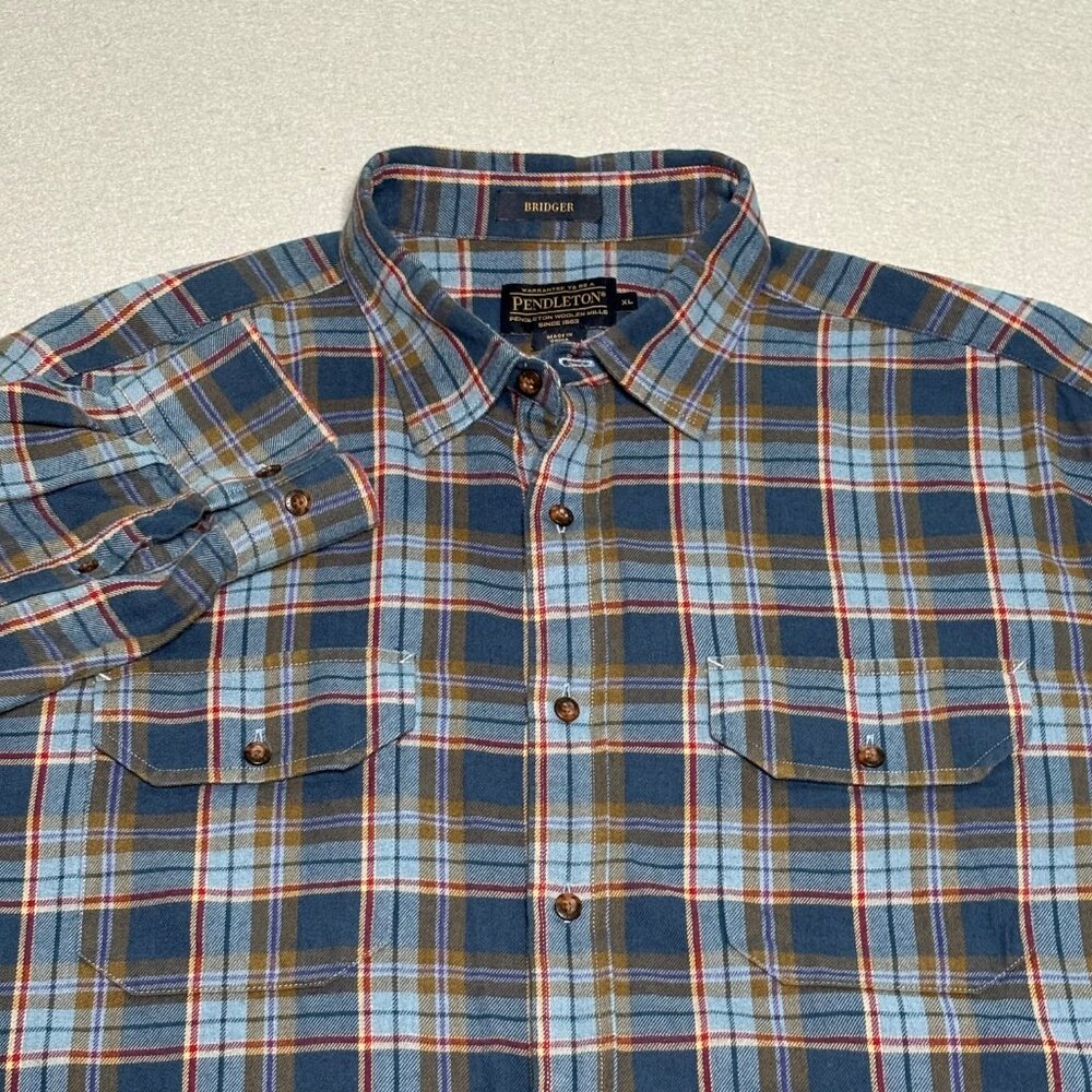 Pendleton Bridger Mens Blue Plaid Flannel Button Down Long Sleeve Shirt XL
